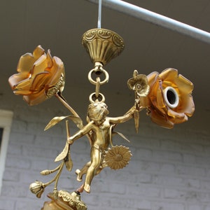 Vintage french bronze & brass putti cherub chandelier amber tulip shades