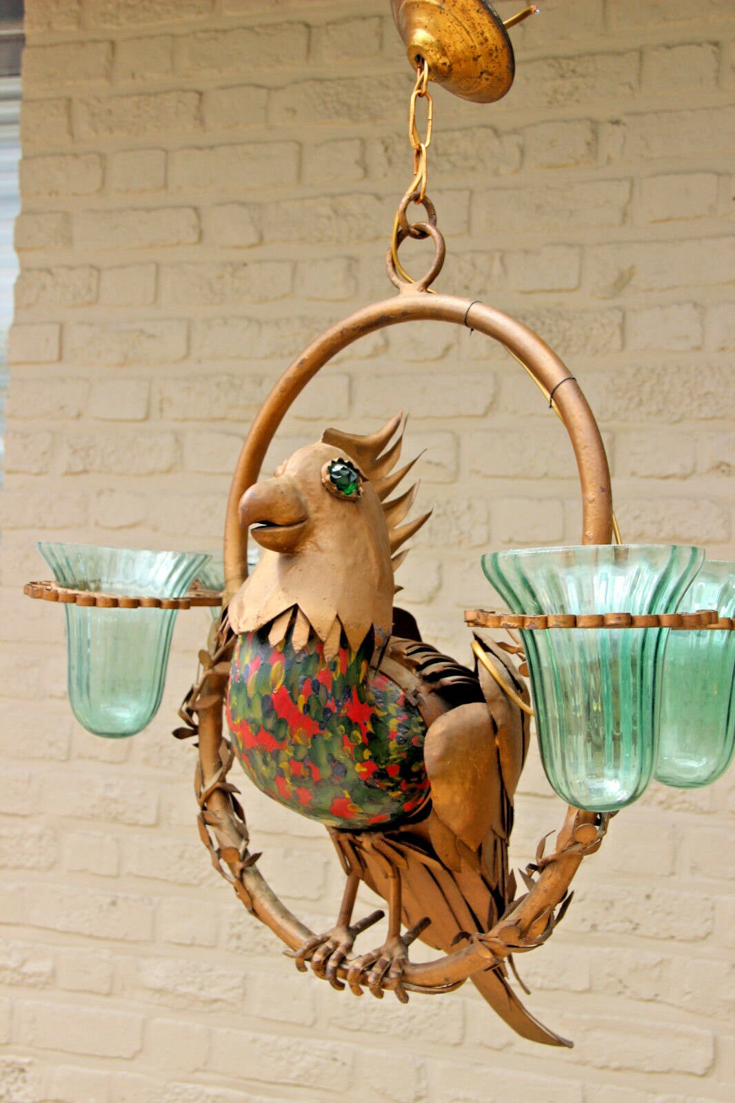 Unusual rare copper parrot bird glass figurine chandelier lamp french 1950's