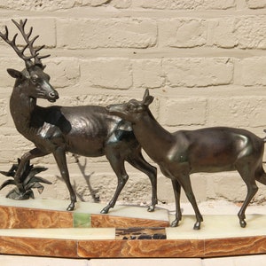 Huge xxl art deco 1930 deer couple  marble spelter bronze statue sculpture