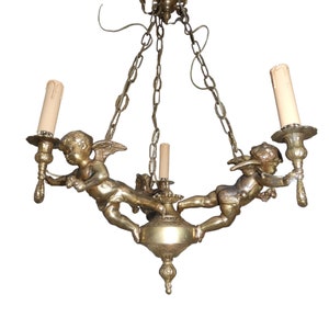 Vintage bronze putti cherub 3 arm chandelier lamp