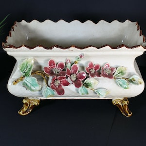 Antique art nouveau barbotine faience planter jardiniere vase flower decor