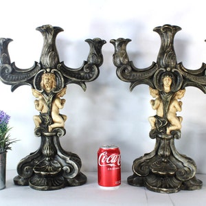 Antique pair ceramic christ mary portrait putti angels figurine candle holders