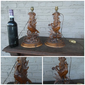 Pair black forest antique wood carved birds table lamps set 19thc