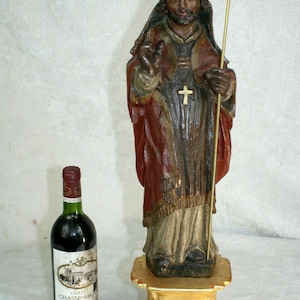 Antiguo altar de la iglesia de 1800 madera tallada policromado obispo santo estatua religiosa