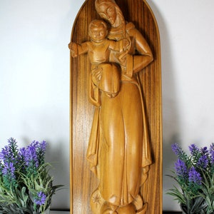 Albert poels signed wood carved sculpture madonna child plaque panel religious