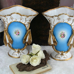 Pair french vieux paris porcelain vases floral decor louis-philippe cornet 1900