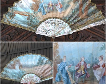 Antique signed  french hand painted paper fan etched mother of pearl 1800s