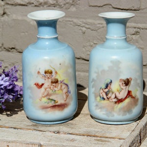 Pair antique french pastel blue putti angels romantic scene miniature vases
