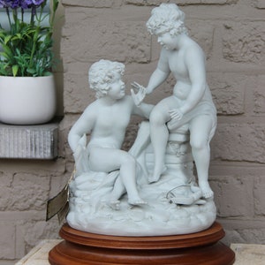 Vintage capodimonte bisque porcelain angels putti figurine statue wood base