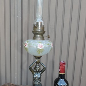 Antique french spelter bronze lady figurine oil petrol lamp glass enamel flowers