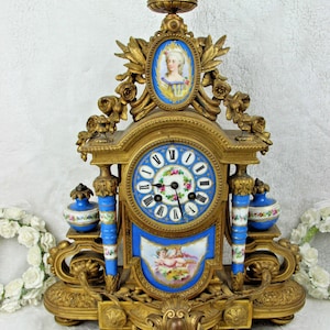 Antique xl 19thc napoleon iii sevres porcelain plaques putti marquise clock rare
