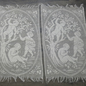 Vintage pair french table runner centerpiece putti cherubs angels cotton 60&#39;s