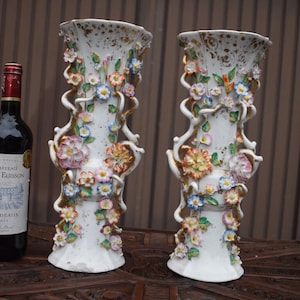 Pair antique french vieux paris porcelain relief floral decor vases