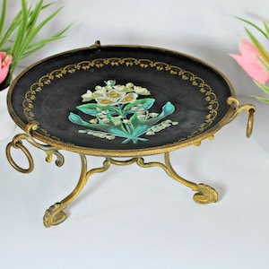 Tigela central francesa antiga, prato de flores de porcelana raro