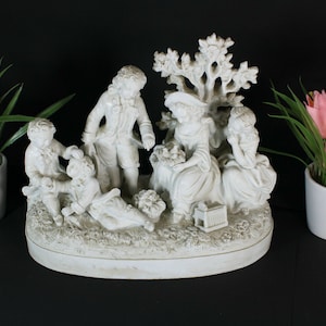 Antique large german bisque porcelain group romantic birds scene
