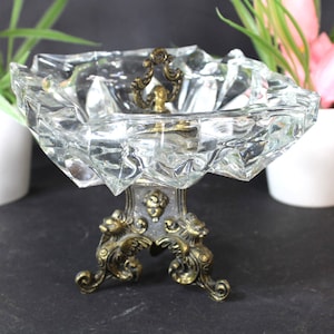 Antique brass dragon crystal glass ashtray