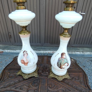 Pair vintage opaline glass napoleon josephine portrait oil lamps