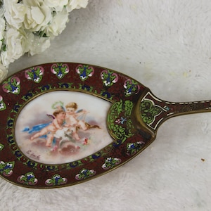 Antique French cloisonne enamel Vide poche tray sevres porcelain putti plaque