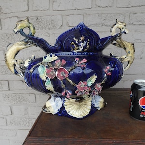 Antique xl barbotine majolica planter jardiniere vase dragon dolphin rare