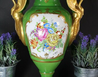 ヴァレンドルフ磁器の花瓶、ピンクの花の装飾、金縁、60年代、東ドイツ