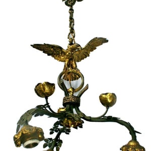 Rare antique french brass metal eagle bird 3 arm chandelier