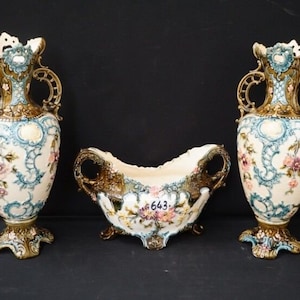 Antique french barbotine majolica vases centerpiece set 1900 art nouveau