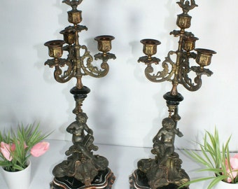 Pair antique cherub putti figural candelabras candle holders zamac metal