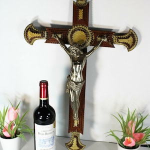 Antique tramp art large wood carved crucifix cross religious