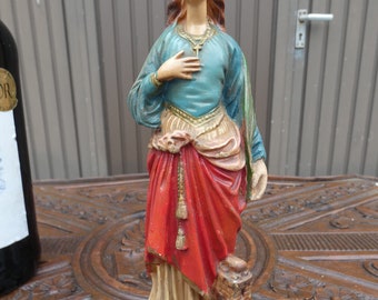 Ancienne figurine de statue de Sainte Barbe en céramique française