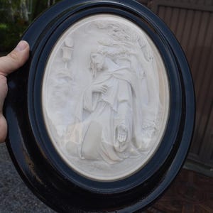Antique 19thc napoleon iii meerschaum carved christ  chalice relief frame plaque