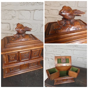 Antique black forest wood carved birds jewelry box