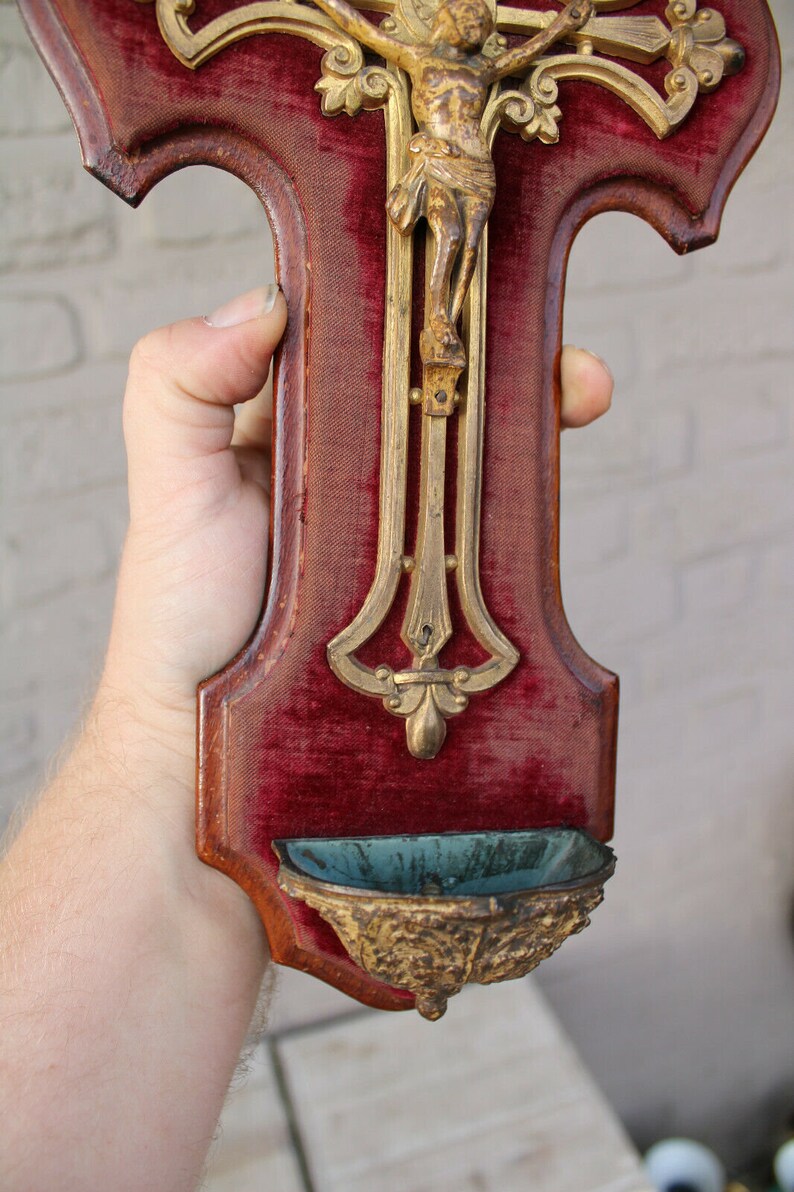 Antique French Holy Water Font Crucifix Velvet Religious Etsy