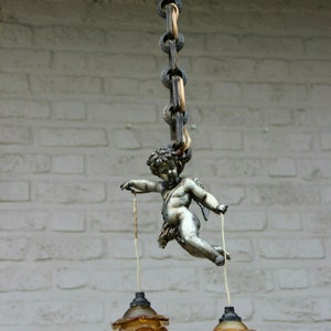 Superb antique parisian bronze putti angel pendant lantern chandelier