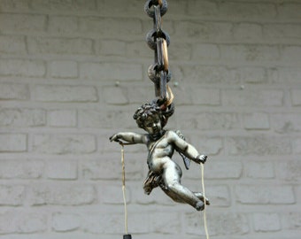 Superb antique parisian bronze putti angel pendant lantern chandelier