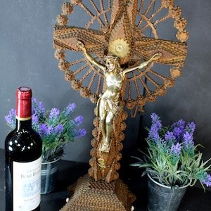 Antique tramp art wood crucifix cross reliigous