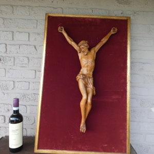 Antique xl religious plaque wall corpus christ wood carved rare velvet