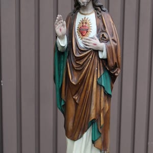Antique 26,3&quot; xl ceramic chalk sacred heart christ jesus statue religious