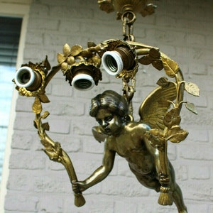 Antique french heavy putti angel chandelier lamp pendant floral decor