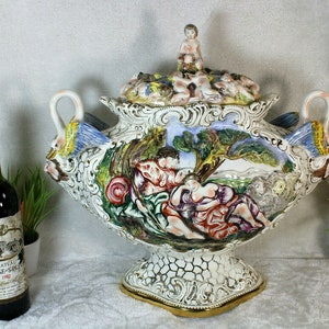 Huge capodimonte porcelain centerpiece bowl romantic putti swan satyr rare