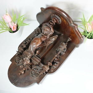 Rare antique wood carved wall console angel lion heads