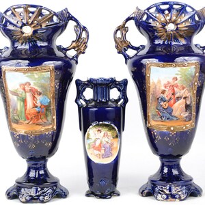3er Set austria josef strnact blau Keramik Porzellan Vasen romantisch gemarkt 1920