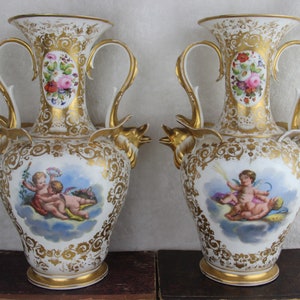 Pair antique 1900 vieux paris porcelain putti angels scene floral dolphin vases