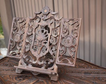 Vintage wood book stand mythological creature monogram letters triptych plaque