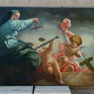 Antiguo lienzo al óleo de 1900 pintura señora justicia putti ángeles firmado juez abogado