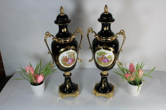 ヴィンテージ フランス リモージュ磁器 ブルー花瓶 ピッチャー、22K ゴールド ヴィンテージ フランス リモージュ磁器 ブルー花瓶 ピッチャー