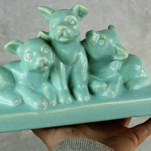 French art deco faience craquele 3 dogs statue turquoise sculpture