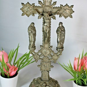 Antique french spelter metal art deco crucifix calvary 4 evangelist