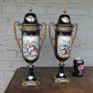 Pair acf sevres porcelain marked urn vases victorian scene rare