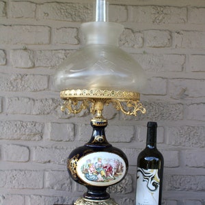 Large cobalt blue limoges porcelain decor table lamp glass shade