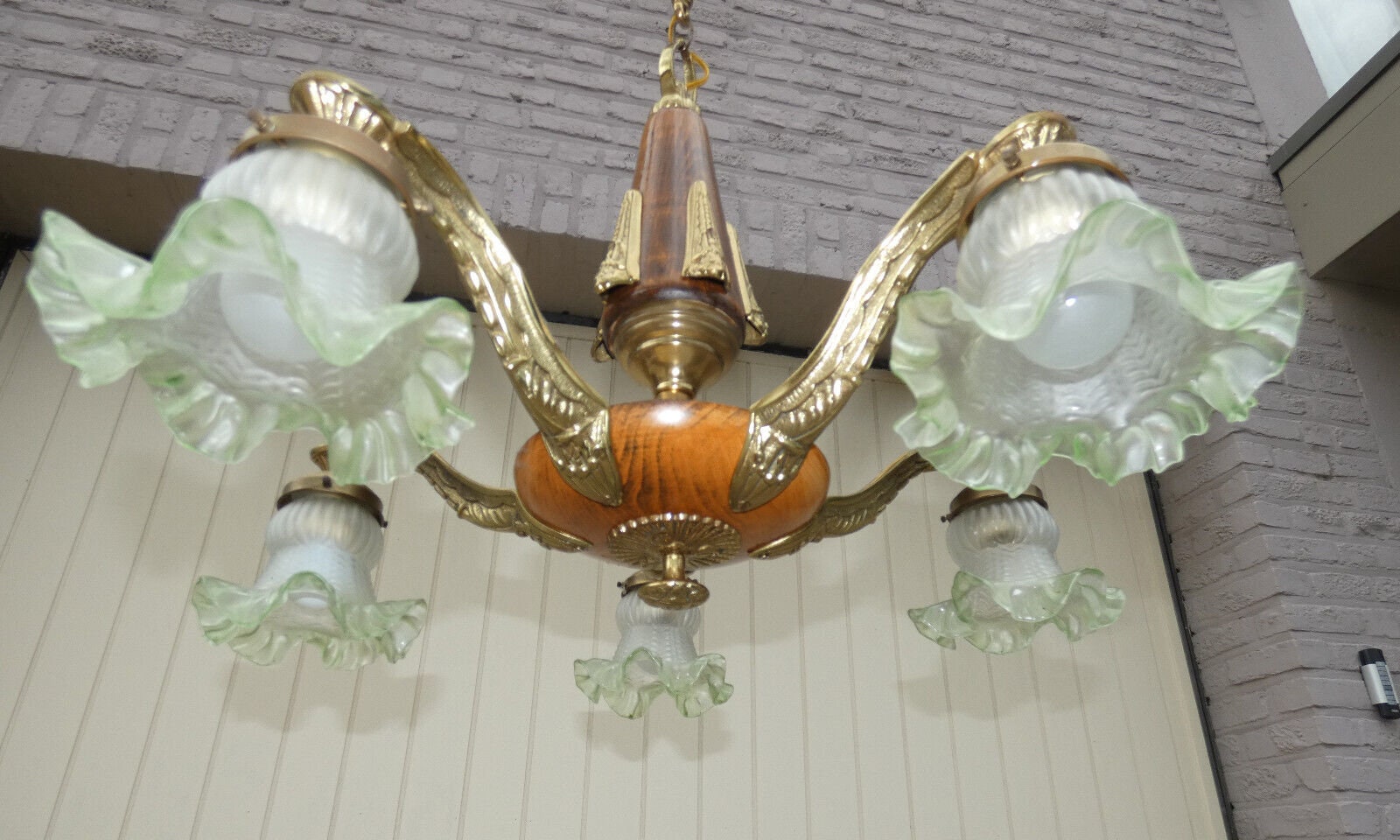 Antique french art deco wood / brass 5 arms chandelier lamp